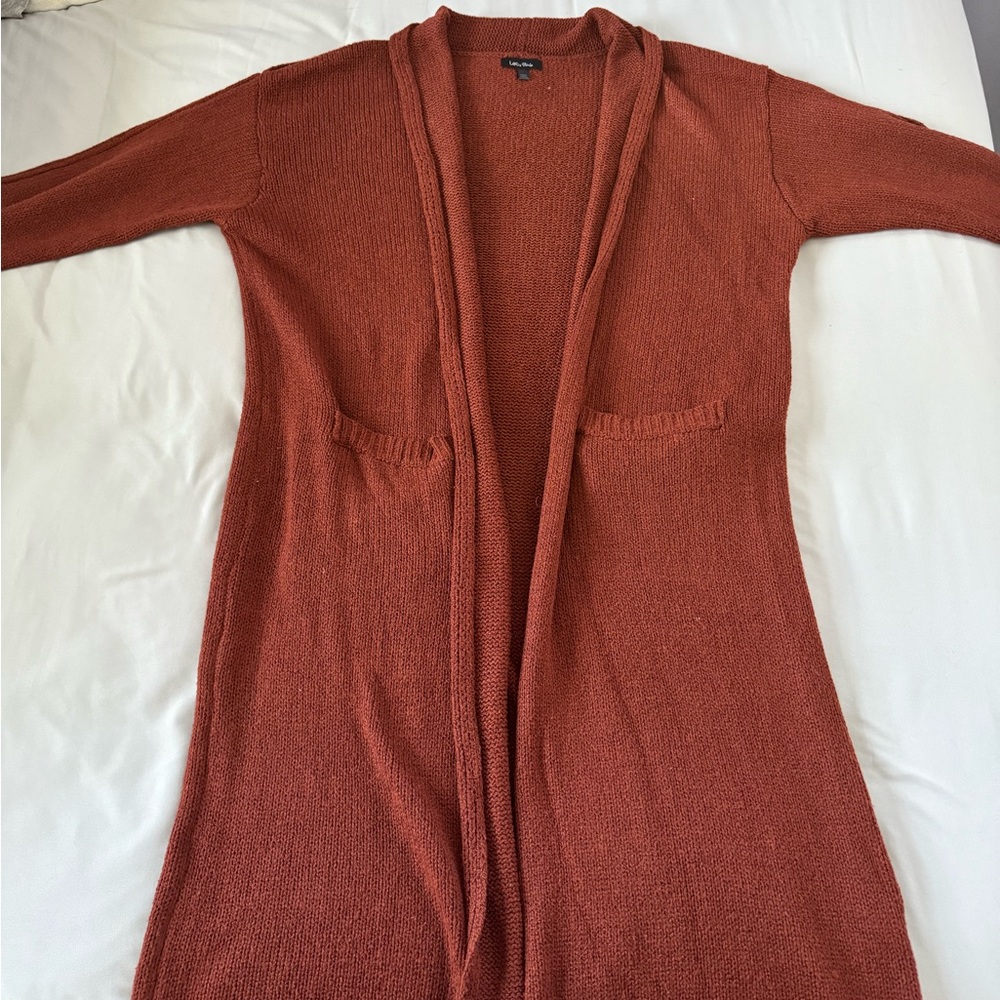 Rust-Red Long Open-Front Knit Cardigan - Picture 2 of 5